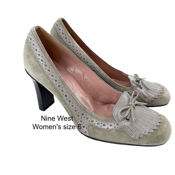 Nine West Shoes - Nine West Womens 6 Oxford Olive Suede Kiltie Fringe Wingtip Block Heel Pumps Bow